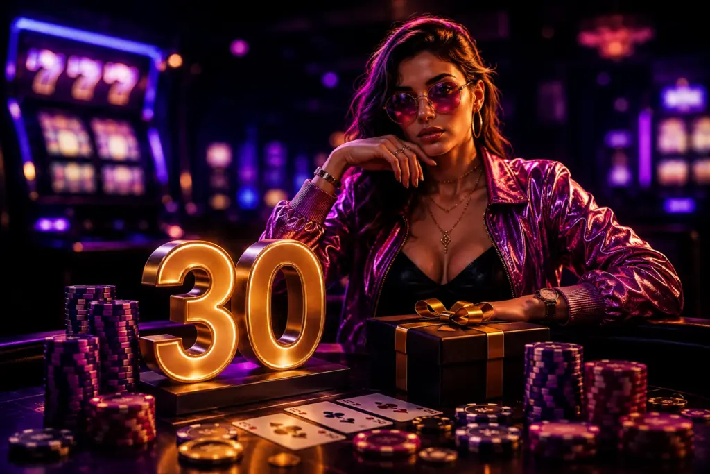 Vrouw in casino met gouden 30, fiches en bonusgeschenk