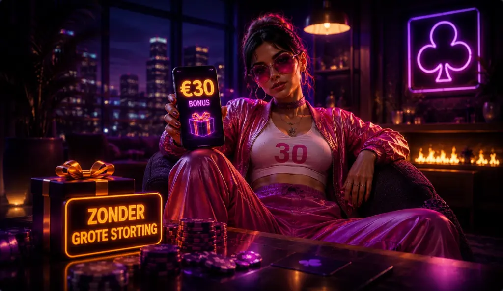 Vrouw in een neonverlichte lounge met smartphone waarop een bonus van 30 euro wordt getoond, omringd door fiches en een cadeaupakket