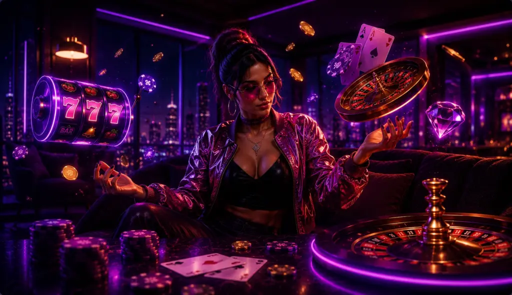 Vrouw in een neonverlichte lounge omringd door een gokkast, roulettewiel, speelkaarten en casinofiches