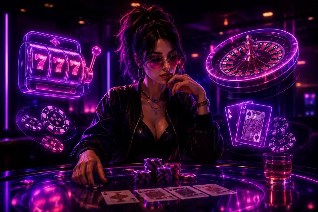Vrouw aan een neonverlichte casinotafel met zwevende gokkast, roulettewiel, speelkaarten en casinofiches