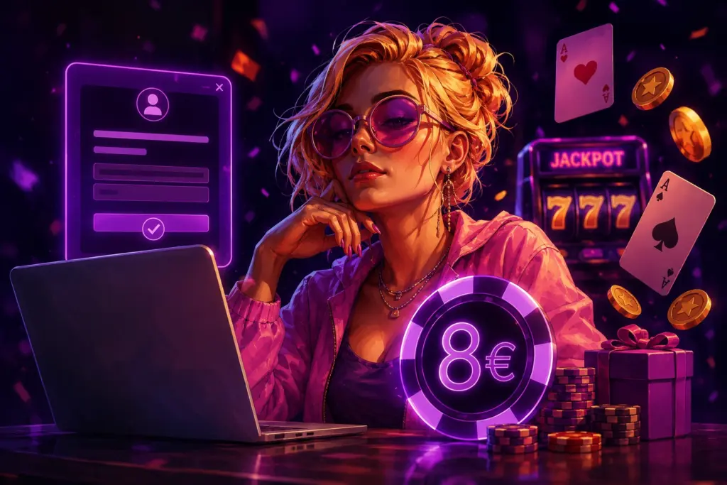 Vrouw met roze zonnebril achter een laptop naast een registratieformulier, een gloeiende 8 euro casinofiche, speelkaarten en casinofiches in een neonverlichte casinoomgeving