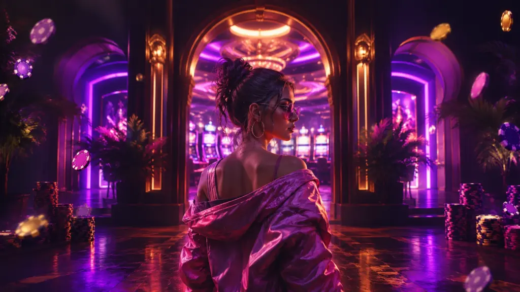 Speler loopt zelfverzekerd een luxe online casino binnen met neonverlichting en moderne speelsfeer