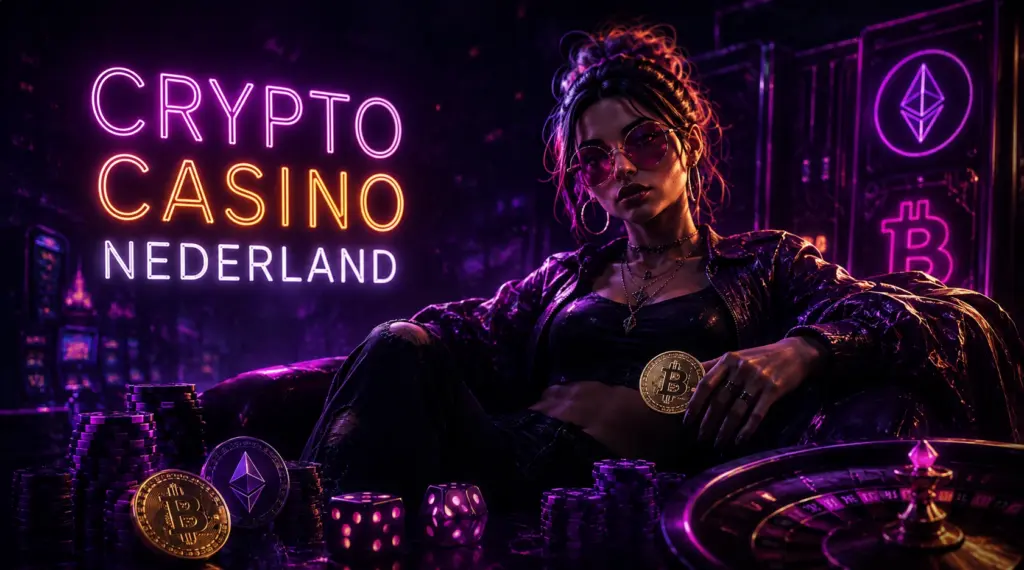 Vrouw in een neon crypto casino met Bitcoin, Ethereum en casinochips als illustratie van de legaliteit van crypto casino's in Nederland