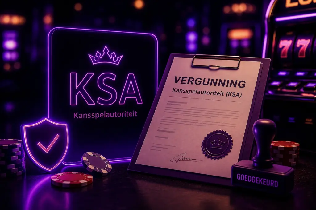 KSA-vergunning met goedkeuringsstempel, beschermingsschild en casinofiches in een neonverlichte casinoomgeving