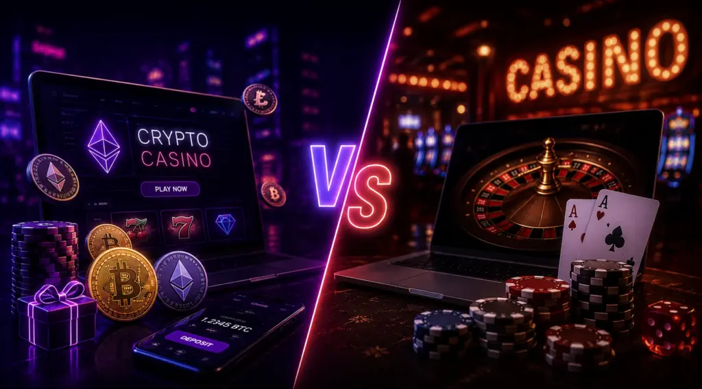 Vergelijking tussen een online crypto casino en een traditioneel online casino met cryptocurrency, roulette en casinochips